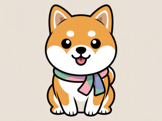 Cute Shiba Inu dog wearing colorful scarf, kawaii cartoon style illustration, adorable smiling puppy character, playful winter pet mascot for stickers, design, and digital art background