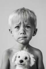 child with frightened expression is crying on clean monochrome background