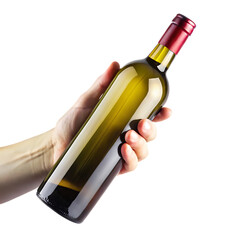 Hand holding green glass wine bottle with red cap isolated on a transparent background