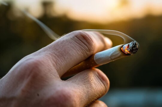 A Human Hand Holds a Burning Cigarette, Its Glowing Tip Emitting Wisps of Smoke, Symbolizing a Common Habit, a Moment of Pause, or the Effects of Smoking