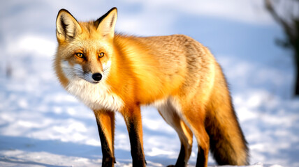 Obraz premium Majestic red fox standing in a snowy landscape, its vibrant fur contrasting against the white snow, a symbol of wilderness and resilience