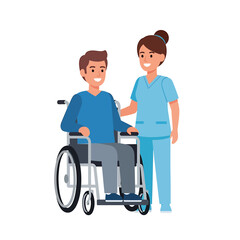 Smiling Nurse Assisting Man in Wheelchair Cartoon Illustration