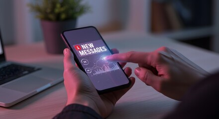 Hand Holding Smartphone with '1 New Message' Notification and Graph Data