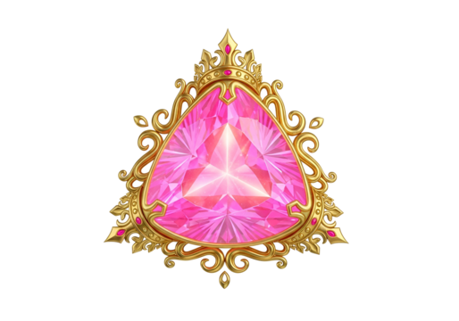 Ornate gold frame showcasing a vibrant pink triangular gemstone, set against a black background.