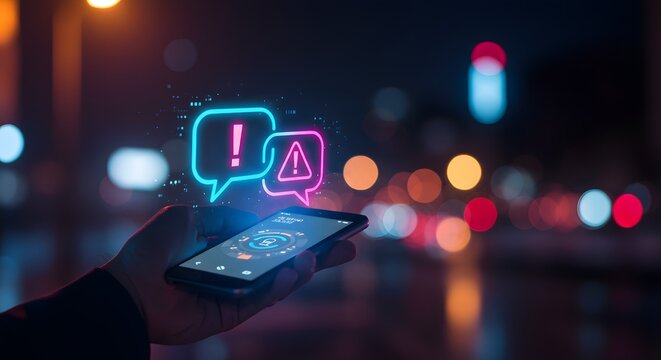 Hand Holding Smartphone with Glowing Notifications and Bokeh Lights
