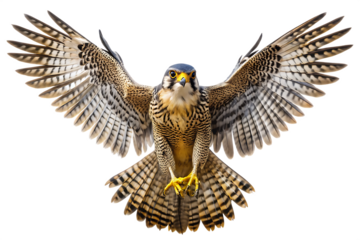 Peregrine falcon with wings spread wide isolated on a transparent background bird of prey
