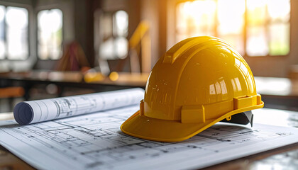 Yellow safety helmet on construction blueprint in office