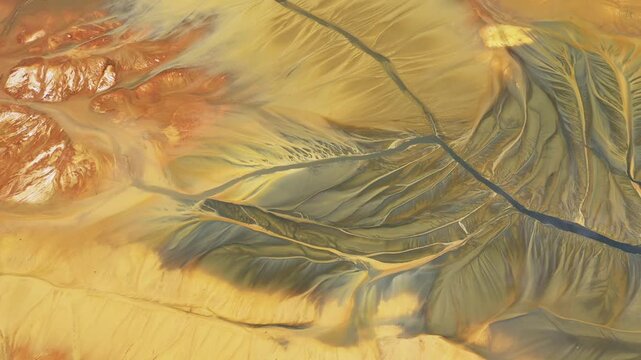 Shadow covering aerial view of colorful contaminated cyanide residuals waters from gold mine. Abstract nature pattern