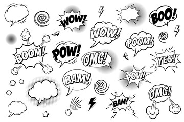 Comic book style sketch. Speech bubble with explosion and text. Set of hand-drawn comic strips with the text "BOOM, WOW, BAM, OMG, BANG. POW" Vector illustration.