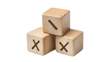 Three wooden game cubes with x and i symbols isolated on transparent background