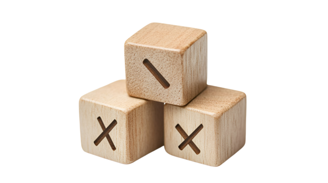 Three wooden game cubes with x and i symbols isolated on transparent background