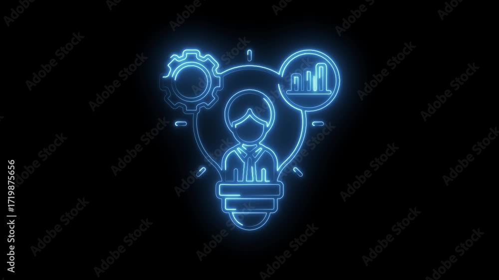 Poster business idea generation with performance analysis and creative problem solving concept in blue neon