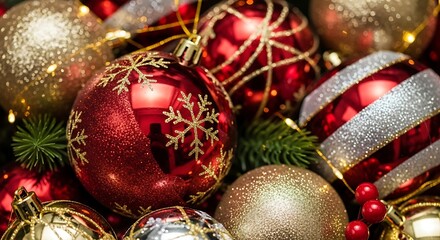 Red Christmas Baubles with Gold Silver Glitter Decorations and Green Pine Needles
