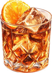 Refreshing Old Fashioned cocktail with ice and orange slice in crystal glass, perfect for bar menus, drink promotions, and sophisticated designs, alcohol