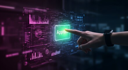 Hand pressing 'Approve' button on futuristic holographic interface with data charts