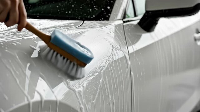 Washing a White Sports Car - Close-up of a hand washing a white sports car with a detail brush and soapy water. The car's paint is gleaming, showing the process of cleaning and detailing.