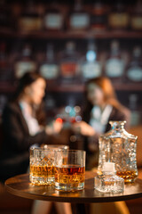 Bartender Serve Whiskey, on wood bar, 