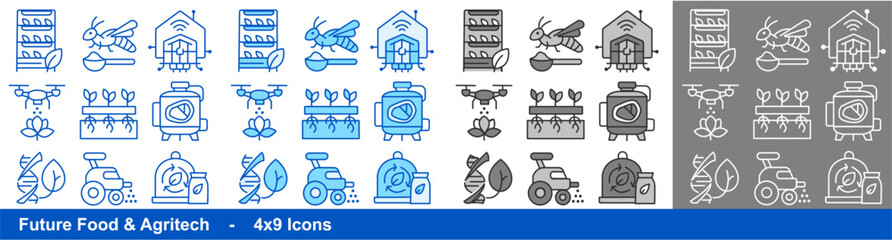 Duotone and outline icon set on food futures and agritech 2040: vertical farming, insect protein, smart greenhouse, drone pollination, hydroponics, cultured meat, ag robots, seed genomics, bio-circula