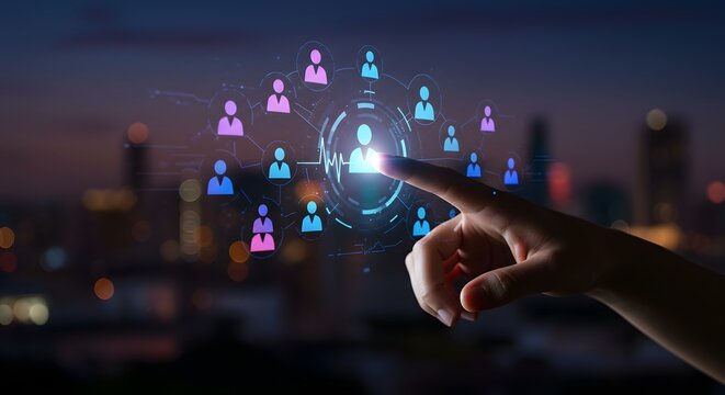 Hand Touching Digital Network of People Icons with Cityscape at Night