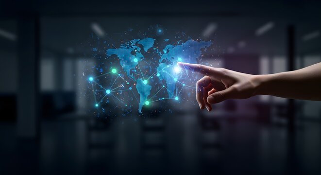 Hand touching digital world map with glowing network connections and data points