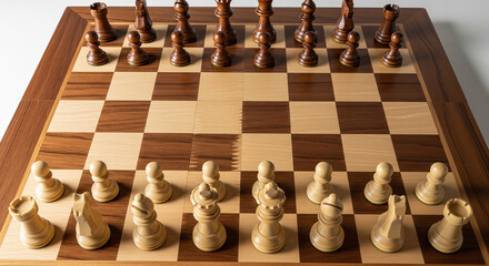 A classic wooden chess set ready for a new game

This top-down shot of a wooden chess set captures the classic starting position. The polished board and meticulously crafted pieces are highlighted by 