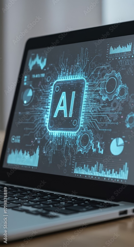Poster a laptop computer screen displays data visualizations and the acronym ai in a technological design.