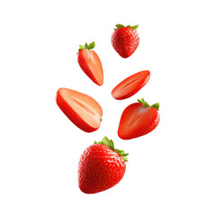 Flying in Air Strawberries and Slices of Strawberry on transparent background