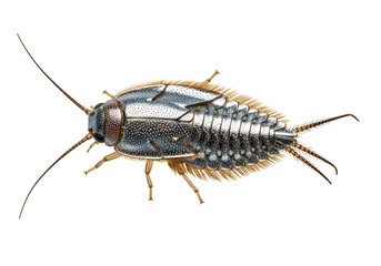 High-resolution close-up of a metallic-hued insect, showcasing intricate details of its segmented body and delicate appendages against a stark black background.