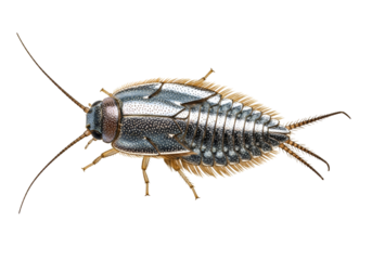 High-resolution close-up of a metallic-hued insect, showcasing intricate details of its segmented body and delicate appendages against a stark black background.