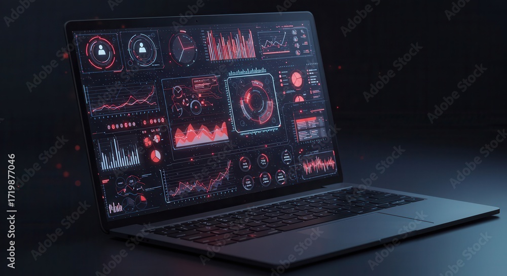 Poster a modern laptop computer displays a complex interface of glowing, red data visualizations.