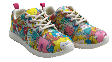 Colorful cartoon character print children s sneakers isolated on transparent background