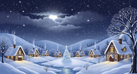 Serene Snowy Village Night Scene with Illuminated Houses and Christmas Tree