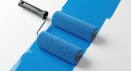 Obraz premium Two paint rollers apply a vibrant blue coat of paint across a surface.