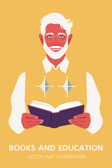 A happy elderly man is holding an open book in his hands. A grandfather. Concept of education, learning and knowledge. Libraries and bookstores. Vector flat illustration