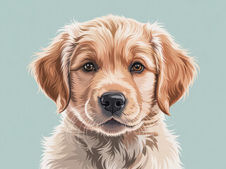 Adorable golden retriever puppy portrait, cute dog face close up, fluffy and friendly pet illustration, realistic animal art for posters, stickers, pet lovers, children’s books, and design projects