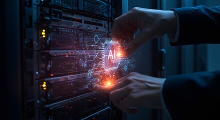 Hands Interacting with AI Chip in Server Room, Futuristic Technology Concept