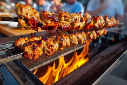 Succulent Meat Skewers, Known as Shashlik or Kebab, Sizzling and Charring over Vibrant Open Flames, Preparing for a Delightful Outdoor Dining Experience