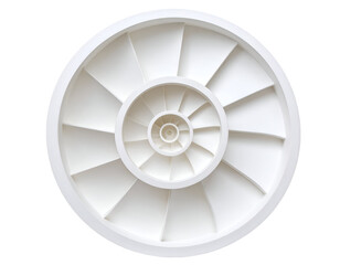 A close-up view of a white spiral structure showcasing intricate design and engineering craftsmanship.