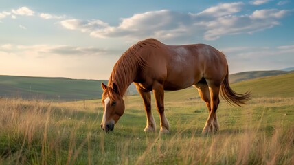 Obraz premium A horse grazing in a field with a blue sky and rolling hills in the background