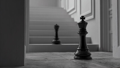 Two chess king pieces stand on a staircase in a dimly lit interior symbolizing strategy and competition