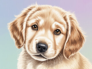 Adorable golden retriever puppy portrait, cute dog face close up, fluffy and friendly pet illustration, realistic animal art for posters, stickers, pet lovers, children’s books, and design projects