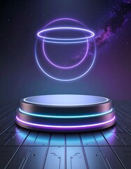 Vibrant neon-lit display platform with glowing geometric rings against a mysterious cosmic backdrop, perfect for abstract product showcases and futuristic presentations