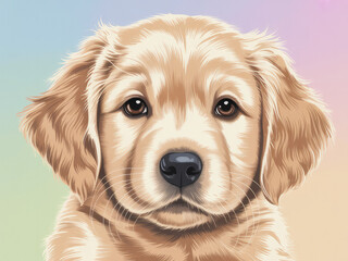 Adorable golden retriever puppy portrait, cute dog face close up, fluffy and friendly pet illustration, realistic animal art for posters, stickers, pet lovers, children’s books, and design projects