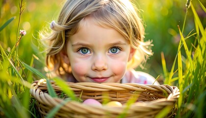 Adorable little girl with bright blue eyes peeking over a wicker basket filled with colorful Easter eggs in a sunny green field, celebrating spring.