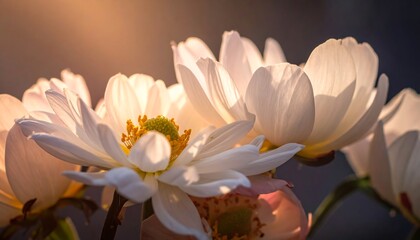 Close-up of several white flowers with translucent petals, illuminated by warm sunlight, creating a soft and dreamy atmosphere