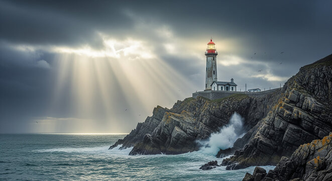 A beautiful lighthouse on a stormy coast with sun rays
A breathtaking, dramatic shot of a lighthouse perched on a rugged cliff during a storm