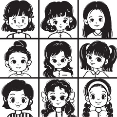 Nine Adorable Cartoon Girls' Portraits Various Hairstyles