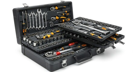 A comprehensive collection of tools organized meticulously inside a sturdy, black tool case.