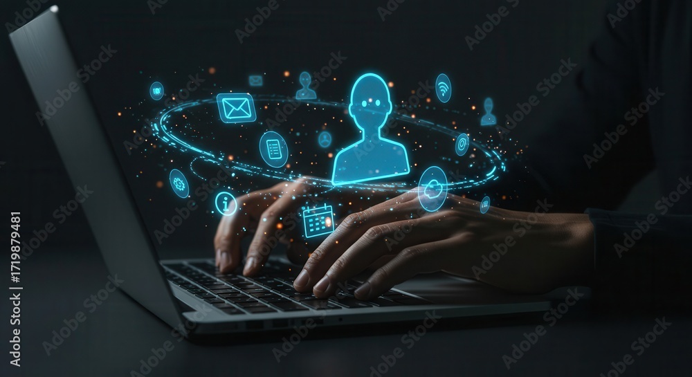 Poster hands typing on a laptop, surrounded by glowing digital icons representing communication and custome