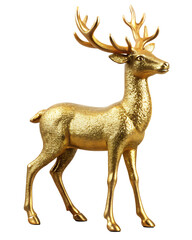Shiny gold reindeer statue with antlers isolated on a transparent background animal